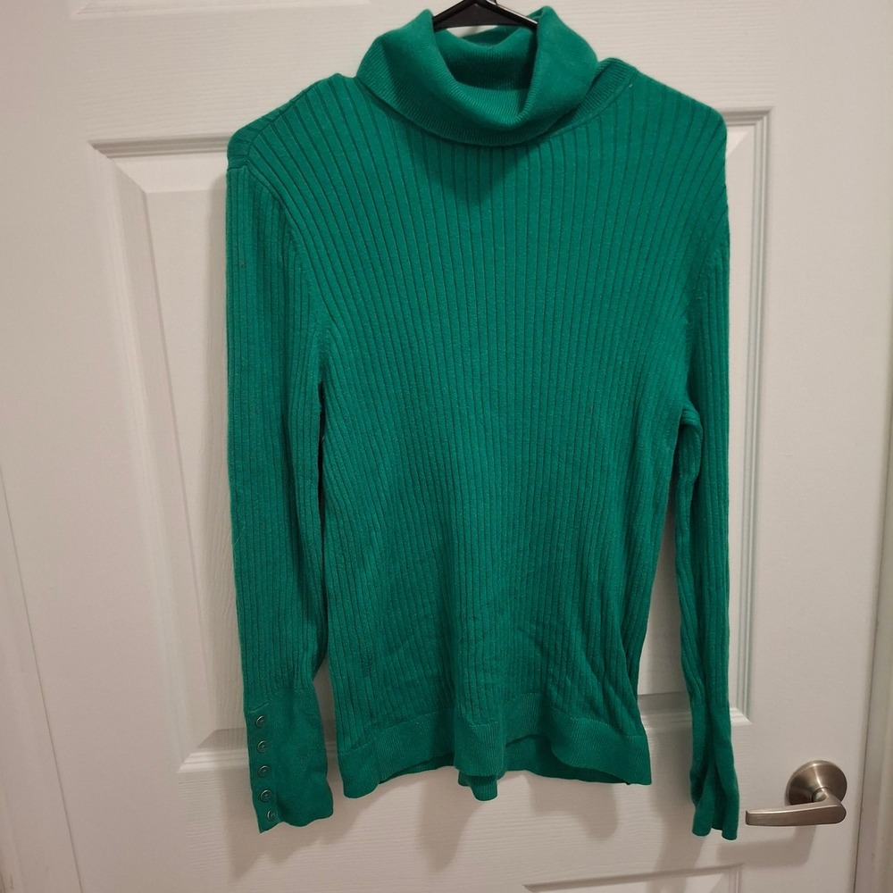 Talbots Women's‎ Green Ribbed Turtleneck Sweater Button Cuff Size L